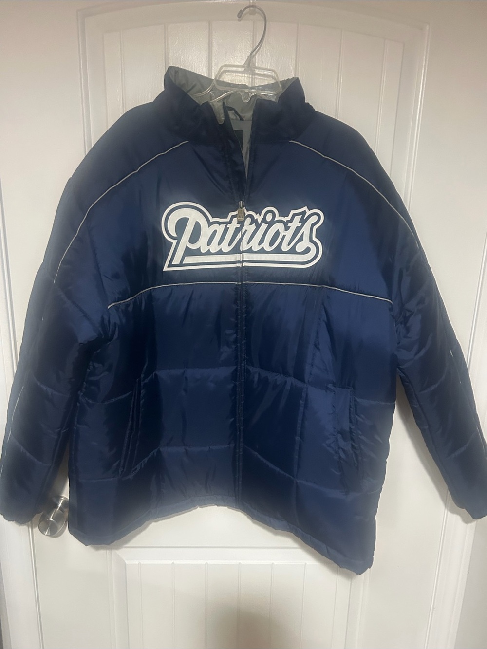 NFL Navy Blue Patriots Puffer Jacket with White Script